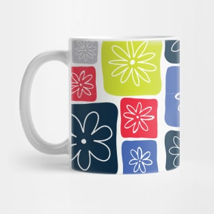 Doodle Squares with Flowers Blue, Red, Gray, Lime green Mug